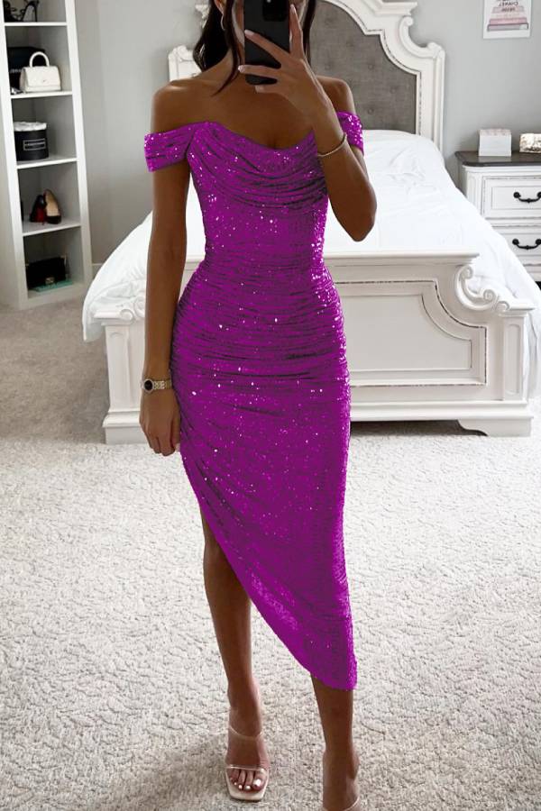 Valenzora | Shawl collar sequin midi dress