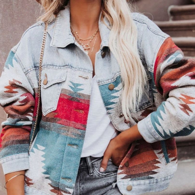 Valenzora | Denim jacket with Aztec pattern