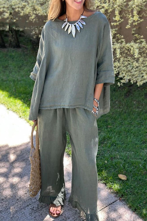 Valenzora | Rosiedress Cotton Linen 3/4 Sleeve Sweater Top Wide Leg Trousers Ruffled Hem Set