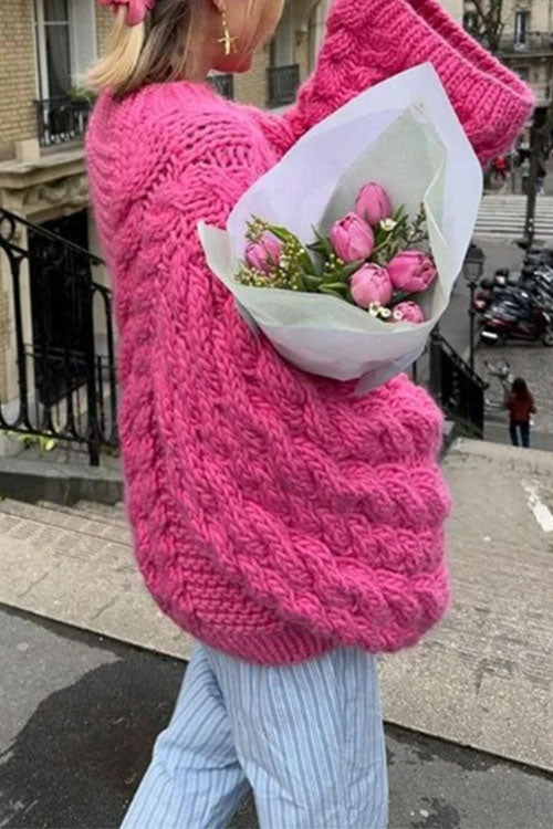 Valenzora | Rosiedress Grobstrickpullover mit Rundhalsausschnitt und Zopfmuster