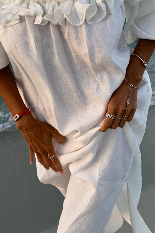Valenzora | Rosiedress Off Shoulder Ruffle Trim Slit Cotton Linen Maxi Holiday Dress