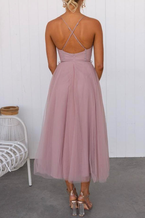 Valenzora | Rosiedress Back Cutout Tie Belt Mesh Swing Maxi Spaghetti Strap Dress