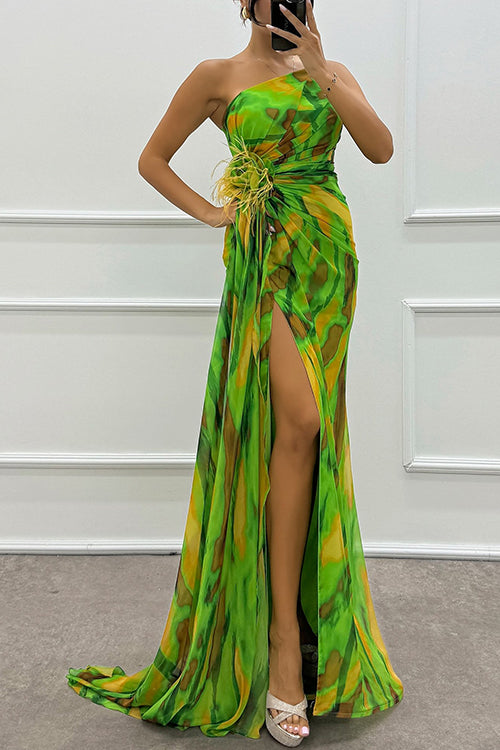 Valenzora | Rosiedress Trägerloses Maxi-Kleid aus bedrucktem Chiffon mit Rosendetail und hohem Schlitz