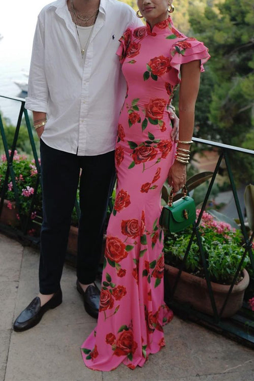 Valenzora | Ruffled Sleeves Rose Pattern Maxi Cheongsam Dress