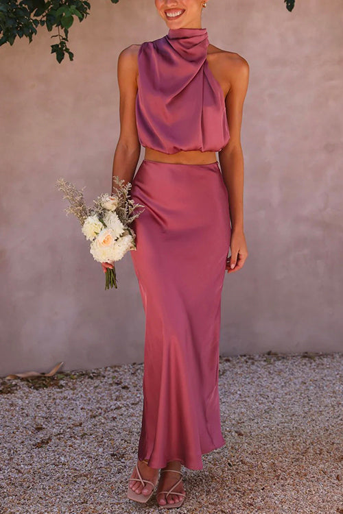Valenzora | Rosiedress Roll Neck Sleeveless Cropped Top High Waisted Maxi Skirt Satin Set