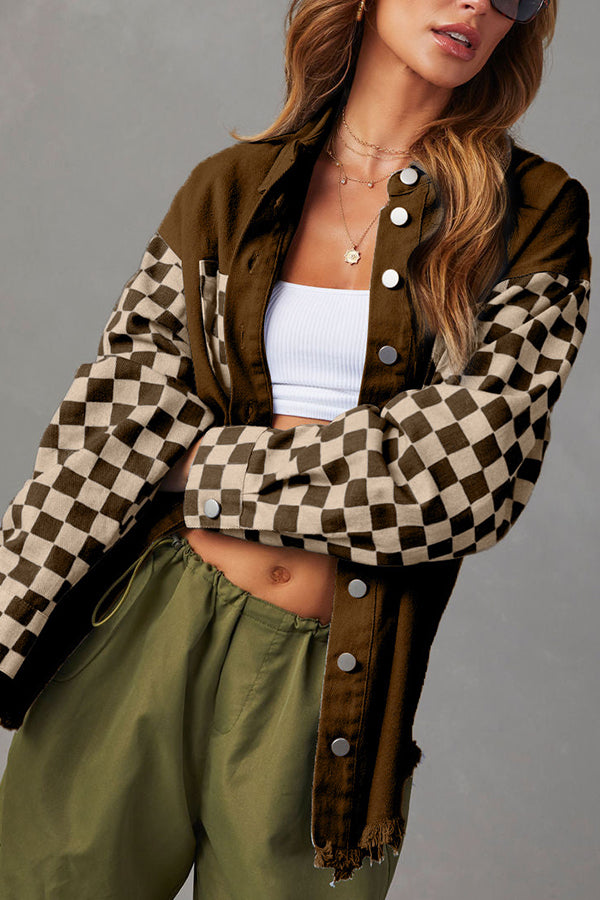 Valenzora | Fashionable Casual Loose Checkered Contrasting Raw Edge Denim Jacket