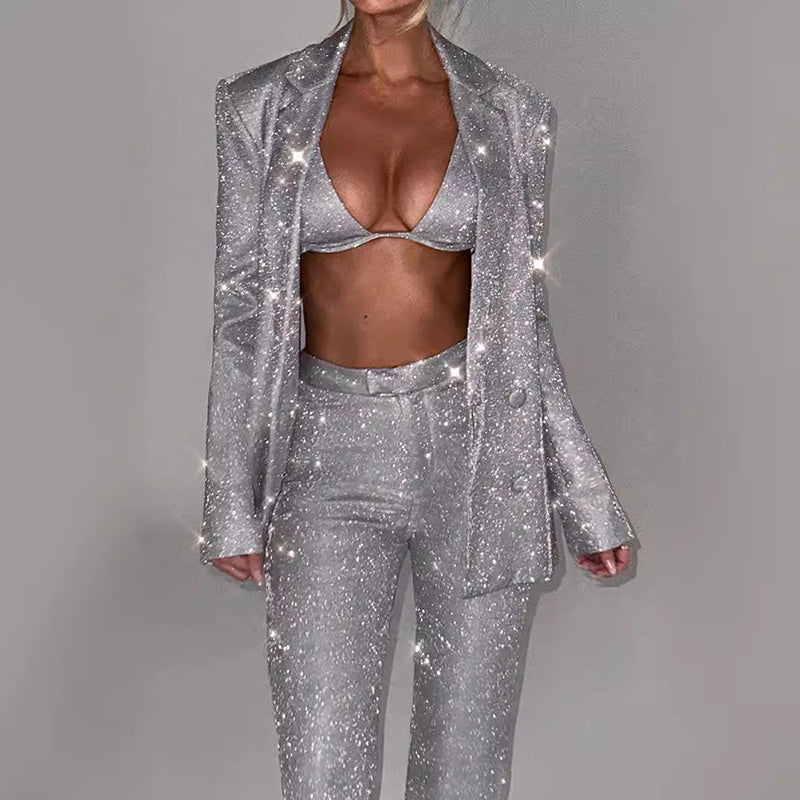 Valenzora | Shiny women's suit set with blazer and straight-leg trousers for parties