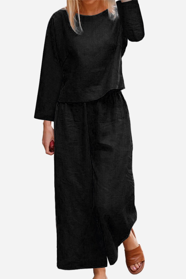 Valenzora | Airy linen set with multi-layered top and wide trouser legs