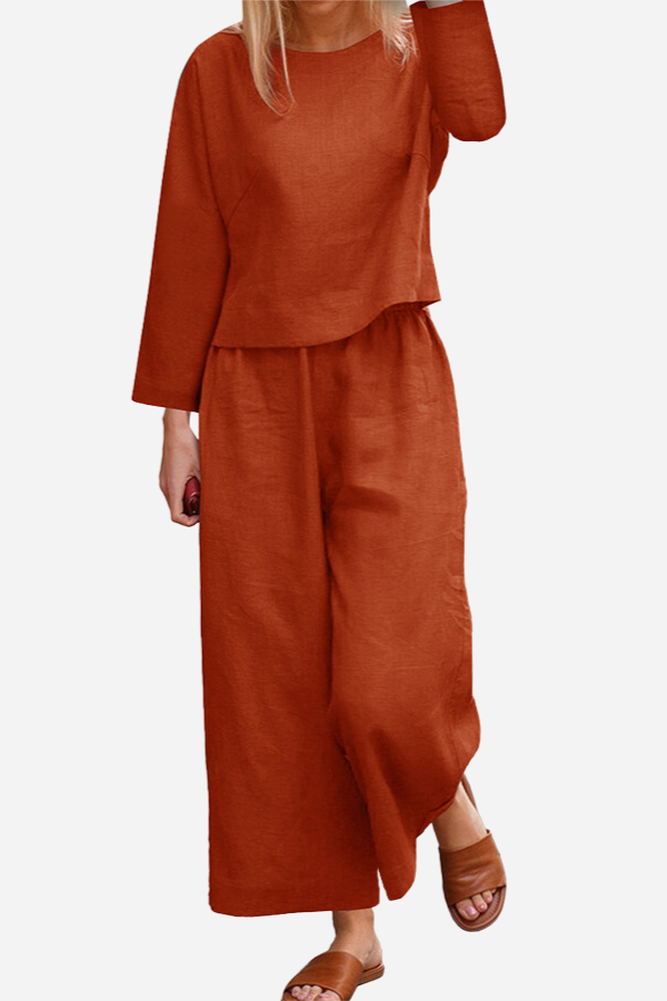 Valenzora | Airy linen set with multi-layered top and wide trouser legs