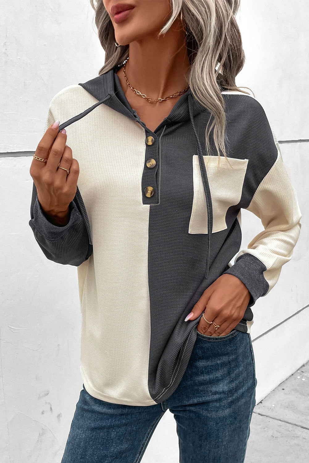 Valenzora | Waffle Hoodie with Button Placket for Women