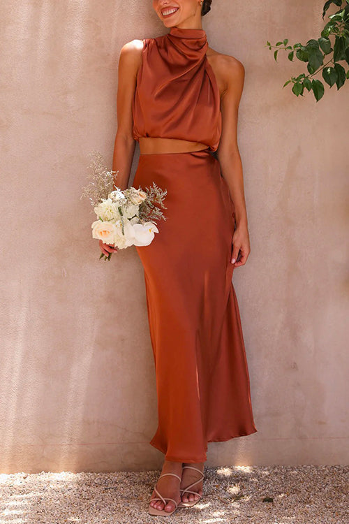 Valenzora | Rosiedress Roll Neck Sleeveless Cropped Top High Waisted Maxi Skirt Satin Set