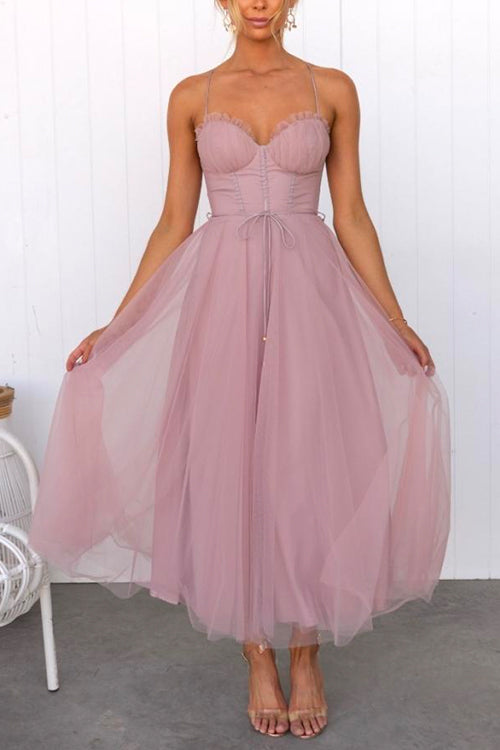 Valenzora | Rosiedress Back Cutout Tie Belt Mesh Swing Maxi Spaghetti Strap Dress