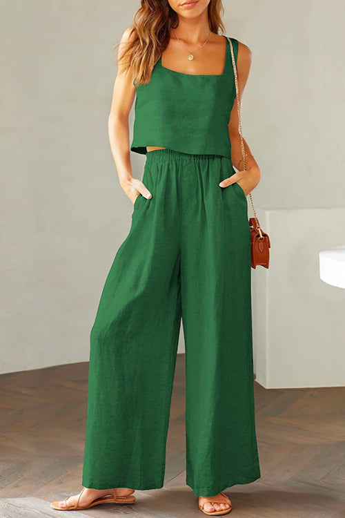 Valenzora | Rosiedress Square Collar Cami Crop Top Wide Leg Trousers Cotton Linen Set