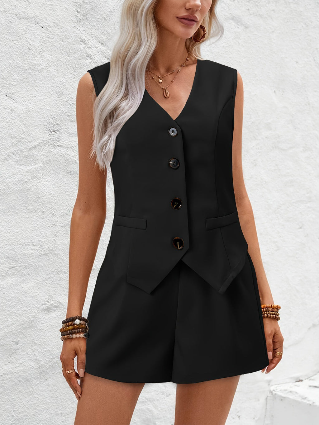 Valenzora | Neck Button Down Vest and Shorts Set