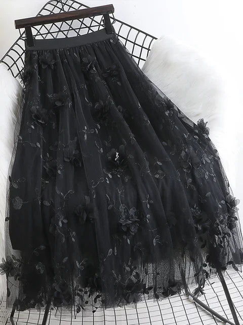 Valenzora | Naturally Embroidered Floral Tulle Skirt Spring