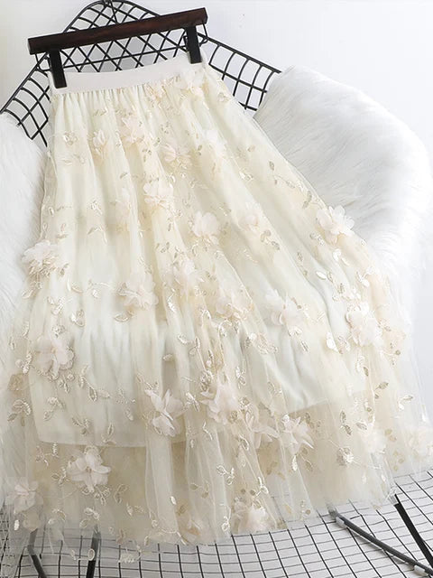 Valenzora | Naturally Embroidered Floral Tulle Skirt Spring