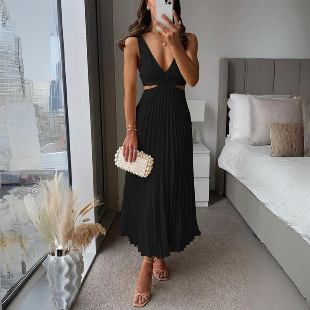 Valenzora | Midi Dress Sleeveless V-neck Twist Front & Cut Out Detail Pleated Skirt