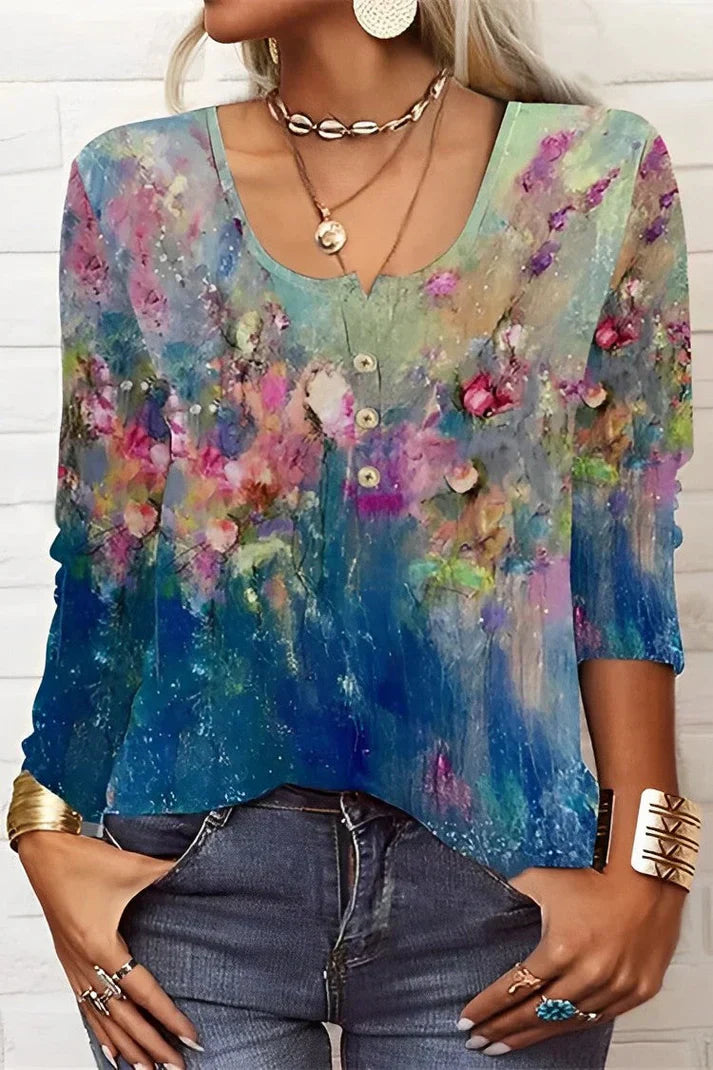 Valenzora | Long-sleeved T-shirt with floral print, round neck and long sleeves