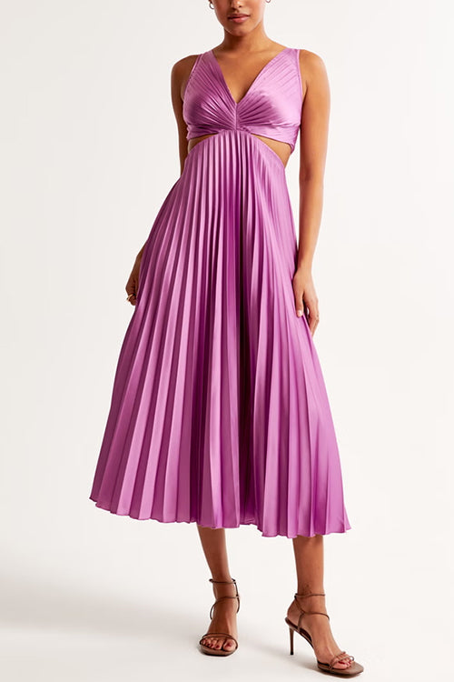 Valenzora | V-neck Cut-Out Waist Sleeveless Pleated Maxi Dress