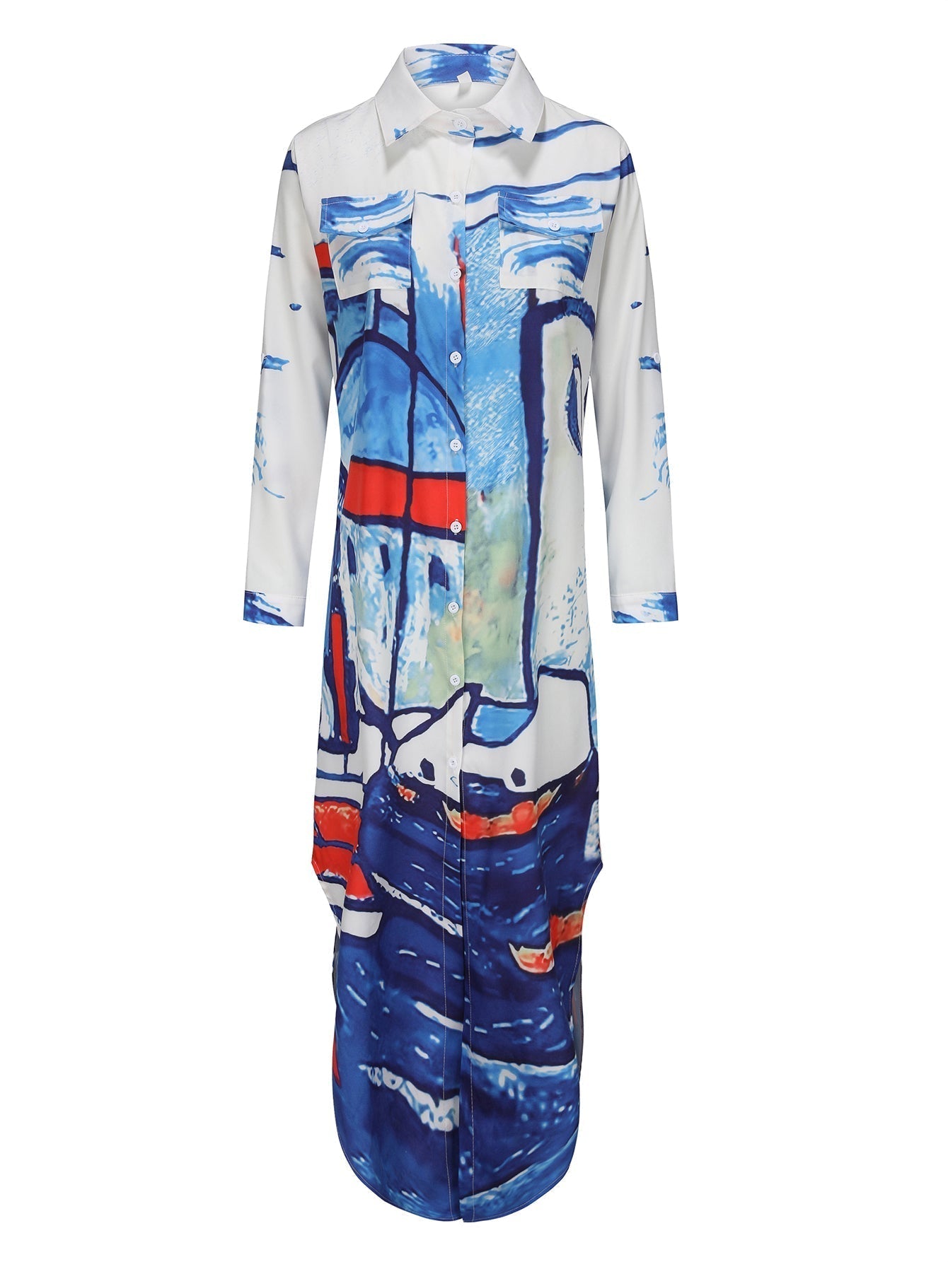 Valenzora | Long-sleeved dress with face pattern in blue and white
