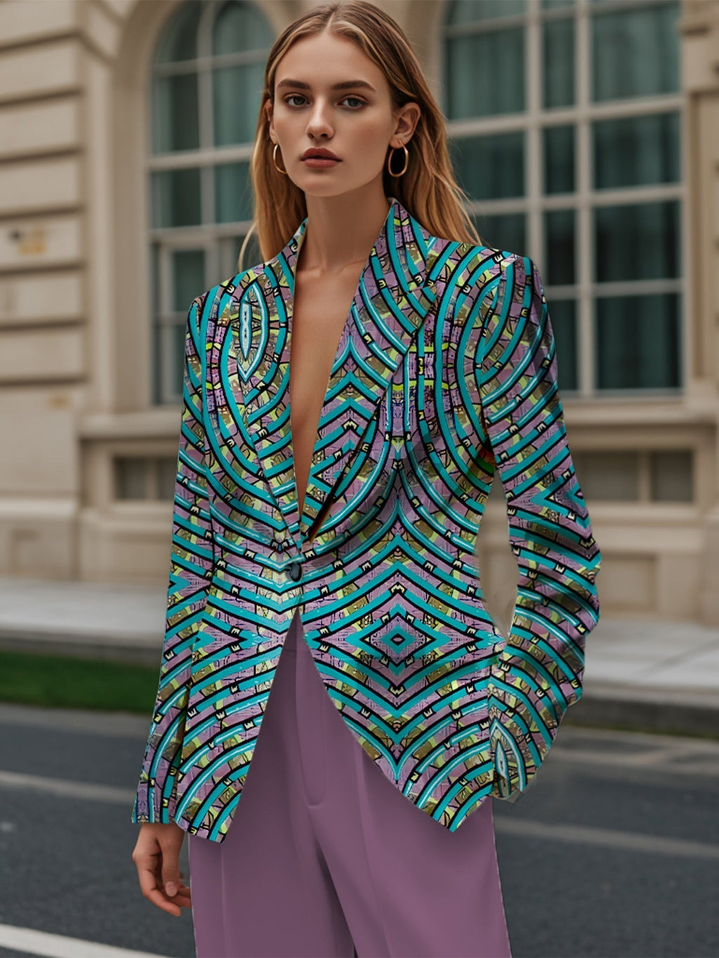 Valenzora | Stylish office suit in a blue abstract pattern