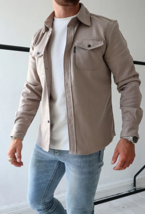 Shirt jacket with button closure