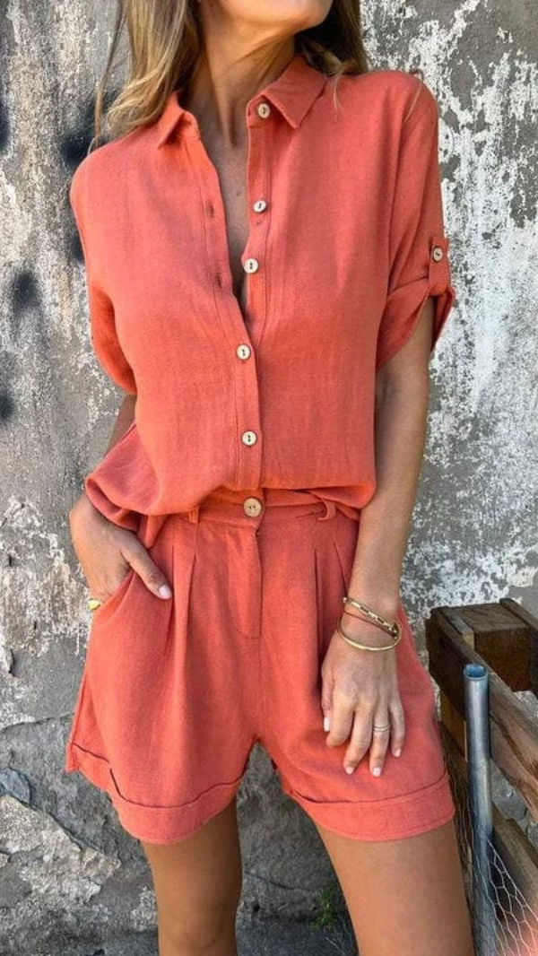 Valenzora | Knitterfreies Leinen-Set für Damen: Shorts und Bluse mit atmungsaktivem Komfort
