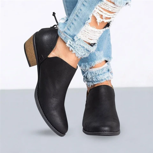 Valenzora | Women's faux leather ankle boots with side cutout, low block heel, casual