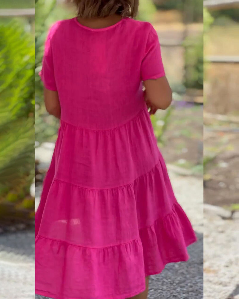 Valenzora | Plain cotton-linen dress with V-neck