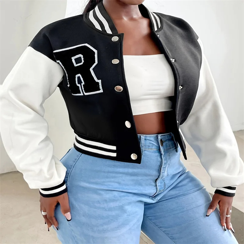 Valenzora | Varsity Bomber Jacket for Women, Short Model with Letter Patch and Snap Button Closure