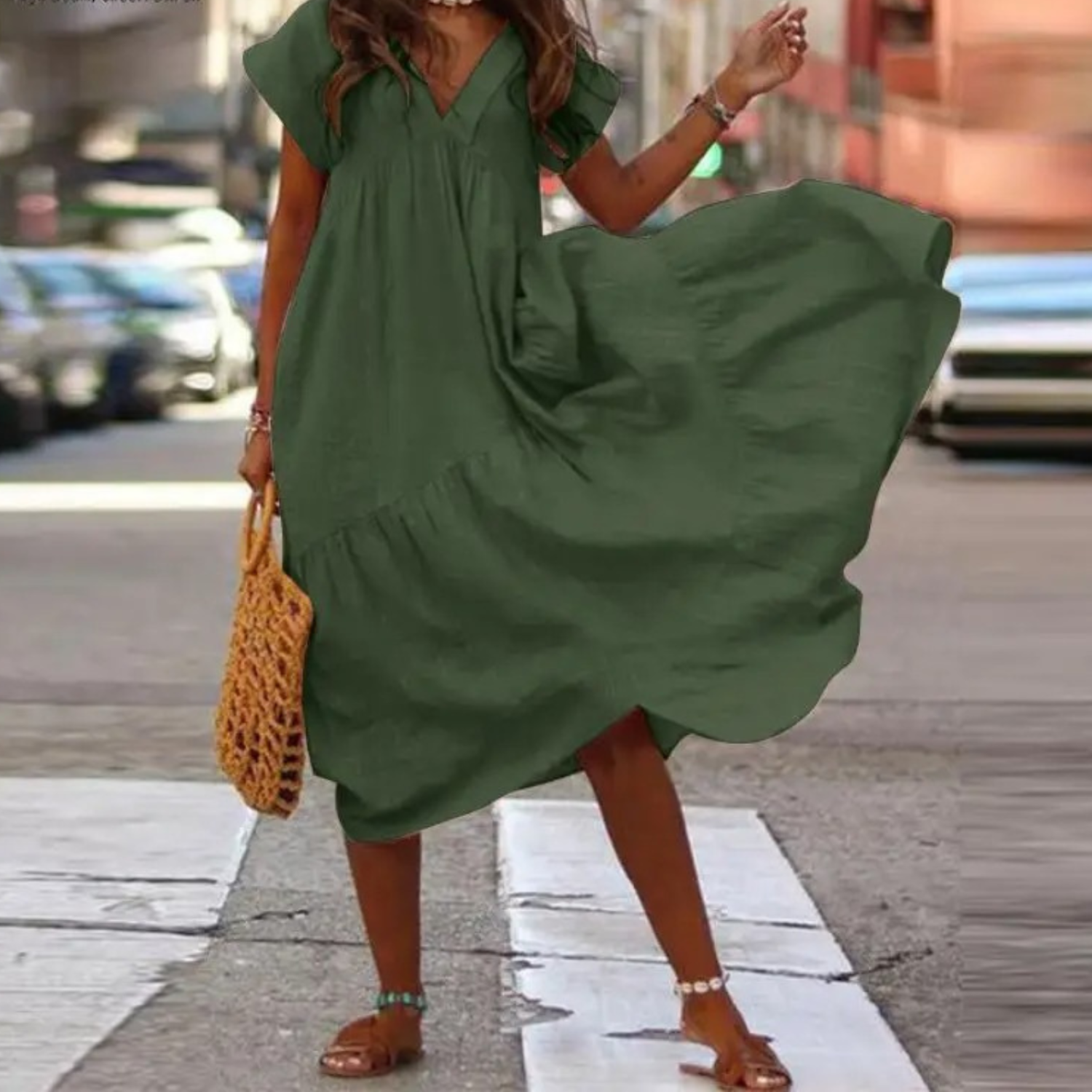 Valenzora – Maxi-style shirt dress with V-neck and ruffles
