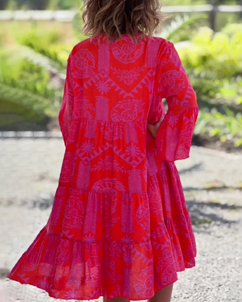 Valenzora | Kleid mit 3/4-Ärmeln und geometrischem Boho-Print