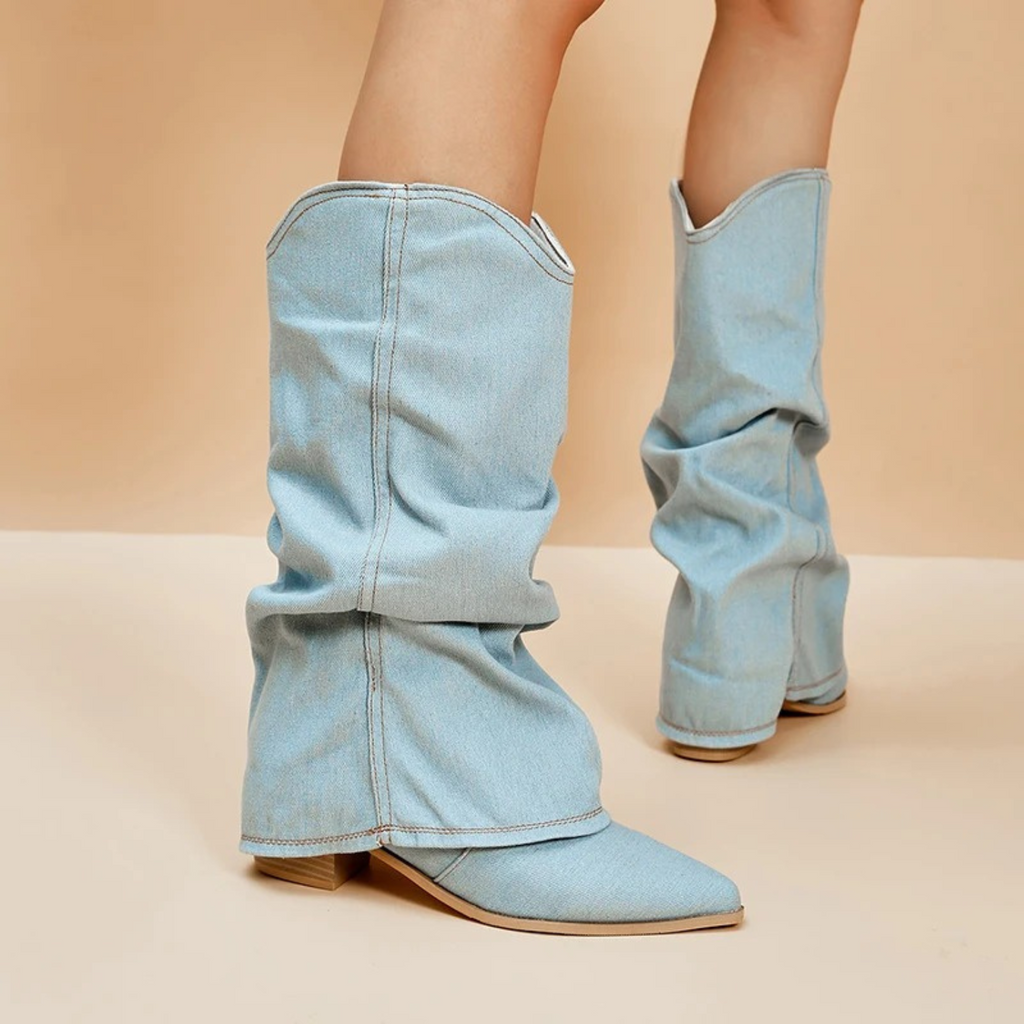 Valenzora | gefaltete Jeansstiefel mit Blockabsatz