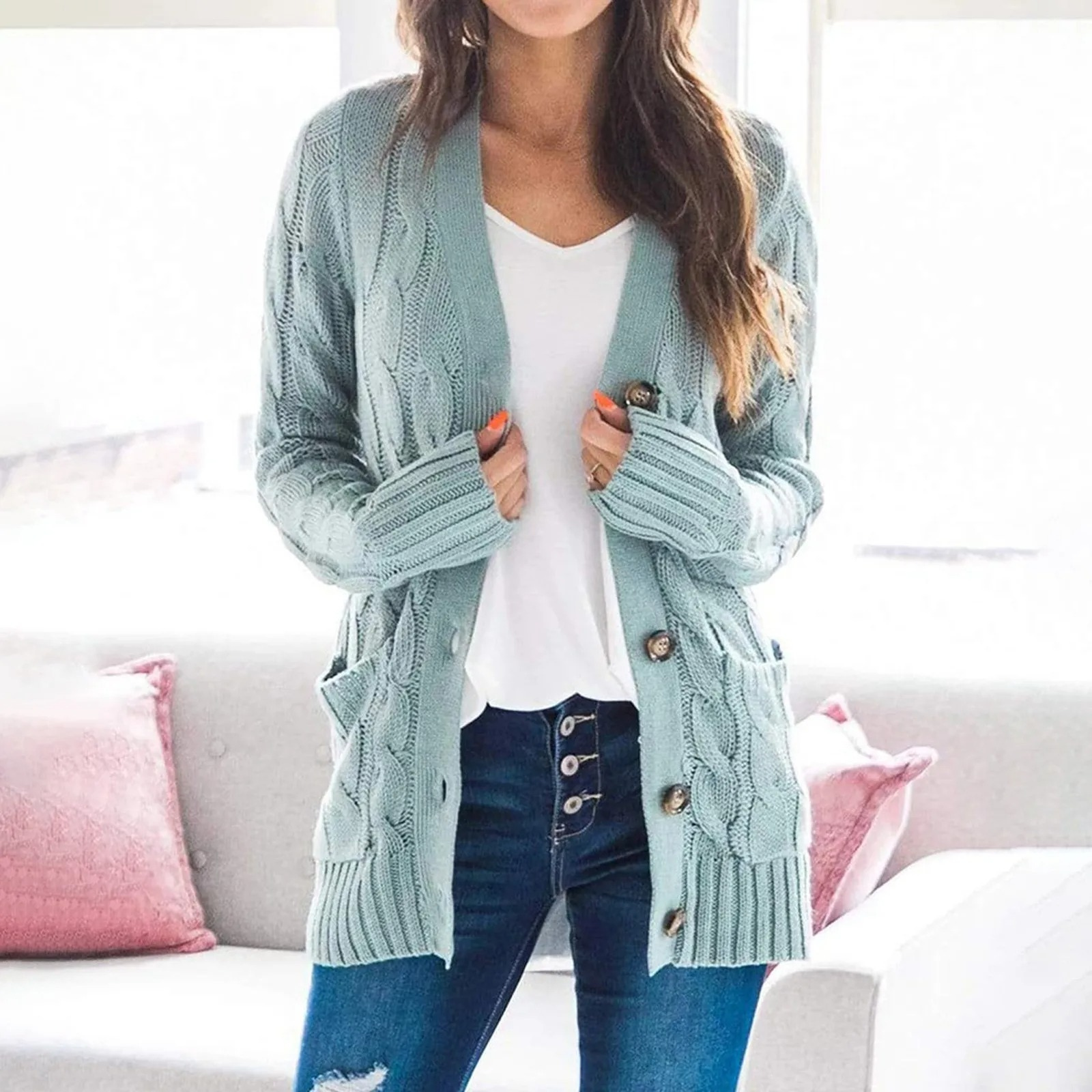 Valenzora | Stylischer langer Cardigan für Damen mit Knopfleiste