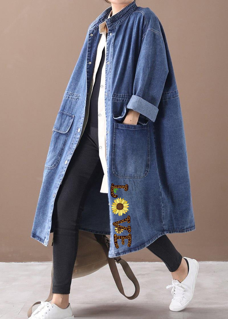 Valenzora | Denim Blue Plus Size Trench Coat with Drawstring