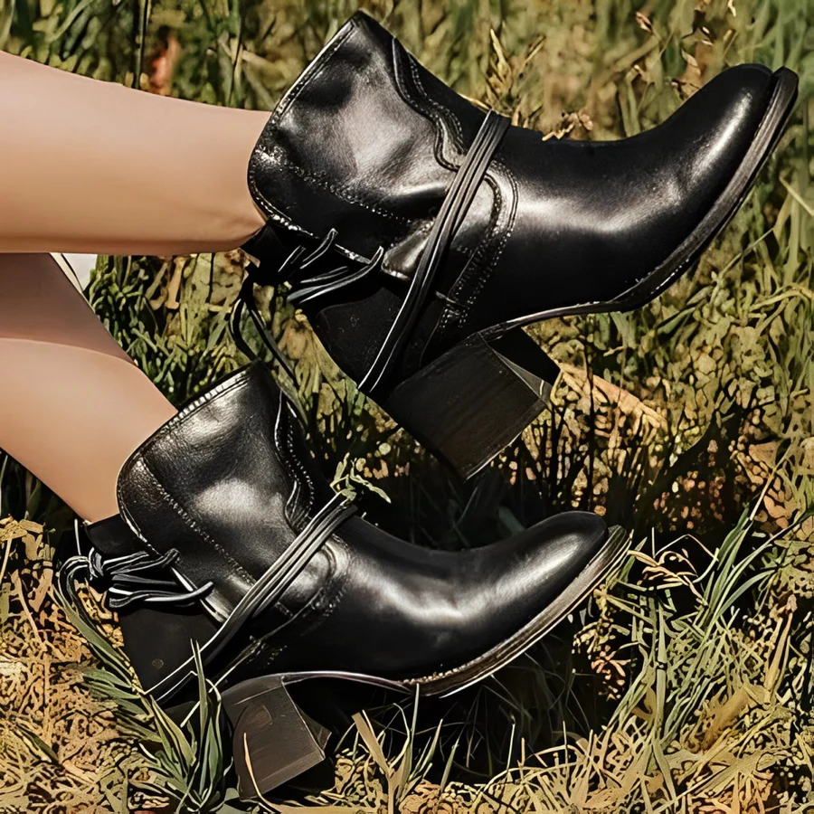 Valenzora | Women's Western Ankle Boots with Wrap Lacing, Washed Leather, Chunky Heels