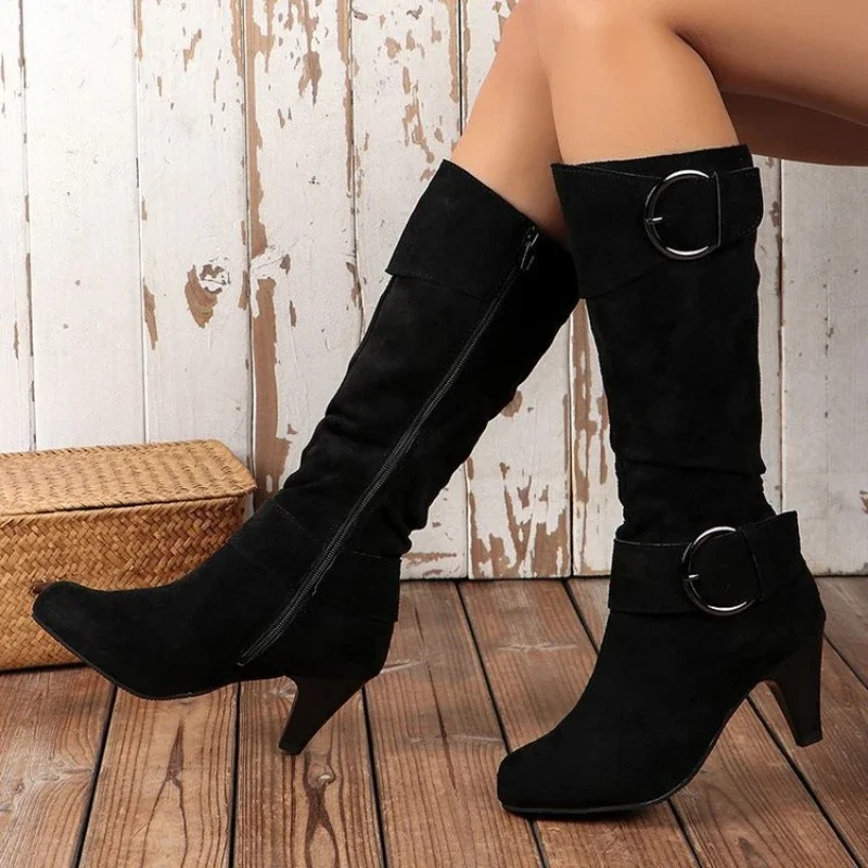 Valenzora | Women's Knee-Length Boots with Zipper and Buckle Stylish High Boots