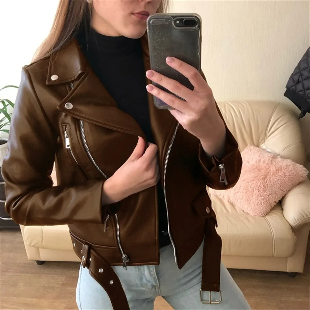 Valenzora | Women's Leather Biker Jacket with Zippers and Waist Belt