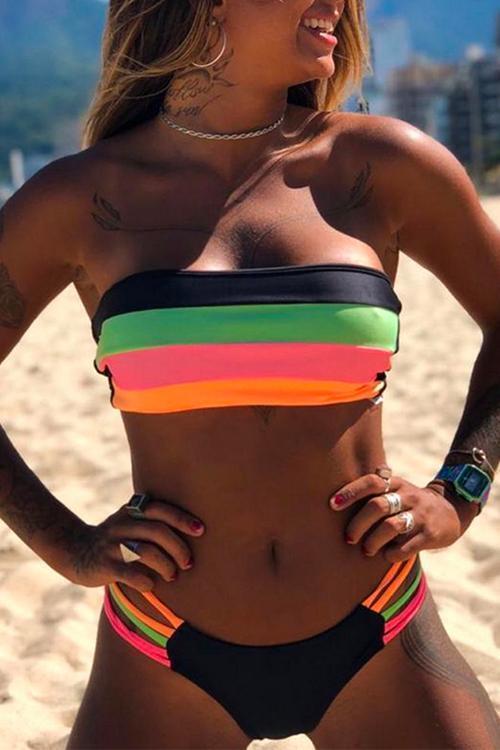 Valenzora | Rosiedress Rainbow Striped Tube Top Bandeau Bikini Set