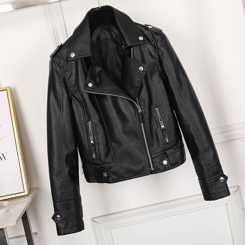 Valenzora | Damen Slim Fit Schwarze Lederjacke mit Revers und Reißverschluss
