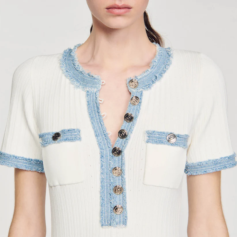 Denim patchwork button knit dress