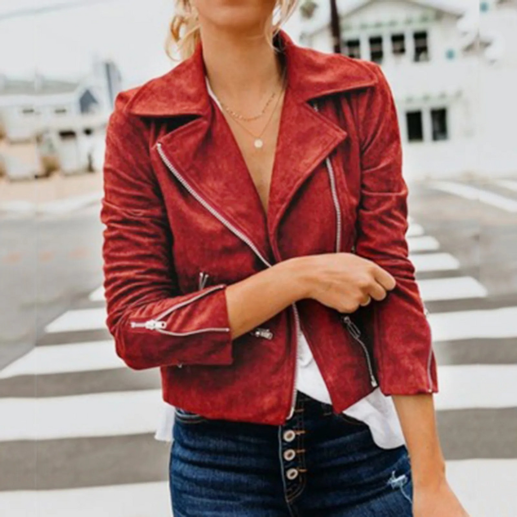 Valenzora | Sport Stil Rot Leder Schnalle Damen Sommerjacke