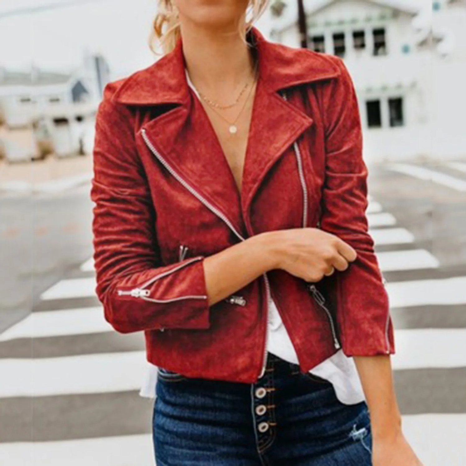 Valenzora | Sport Stil Rot Leder Schnalle Damen Sommerjacke
