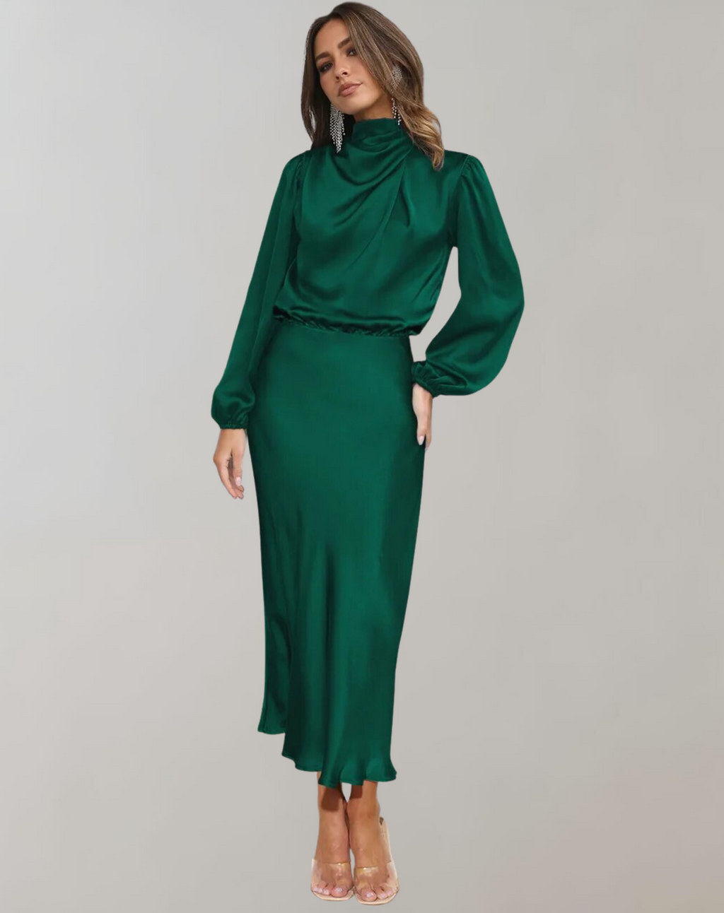 Valenzora | Classic Satin Dress with High Collar and Long Sleeves for Women