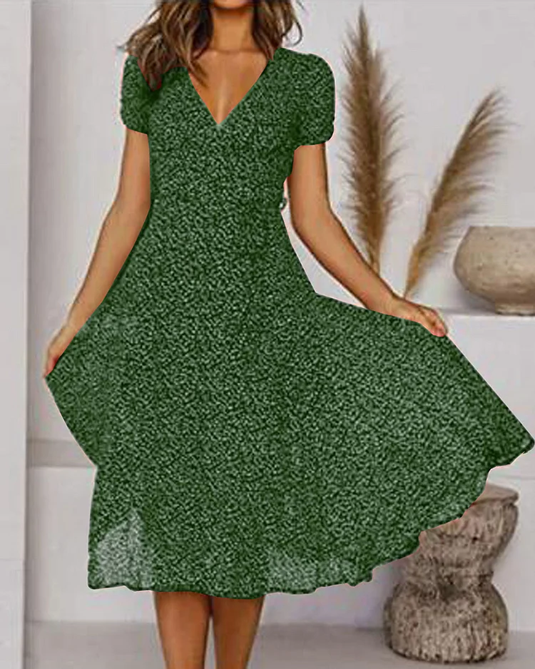 Valenzora | Printed silk chiffon dress with short sleeves and V-neck for women