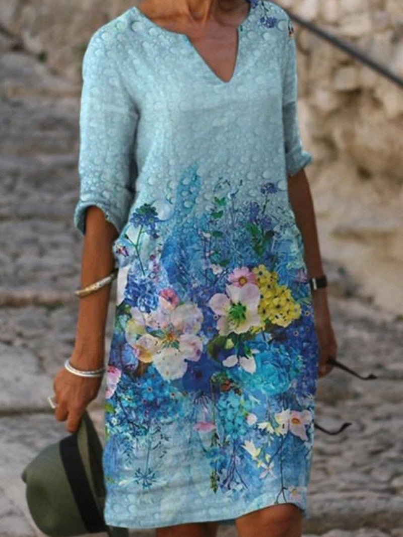 Valenzora | Charming linen dress with floral print