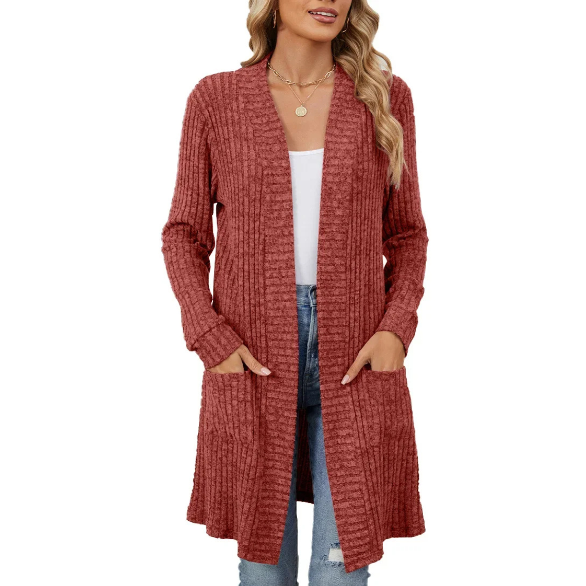 Valenzora | Langer gerippter Cardigan für Damen mit offener Vorderseite und Taschen