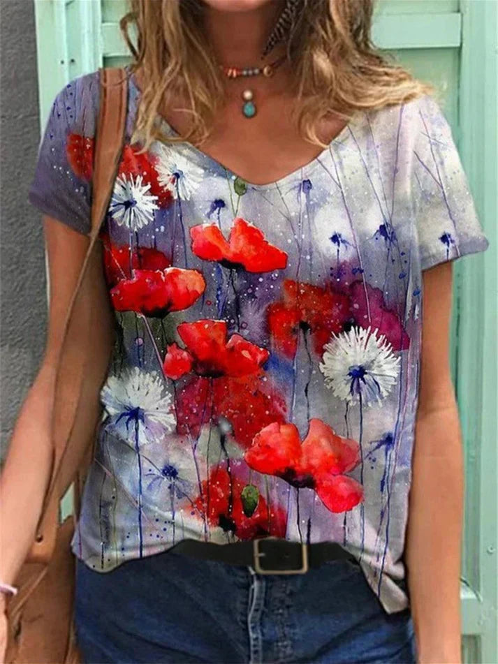 Valenzora | V-neck shirt with floral painting