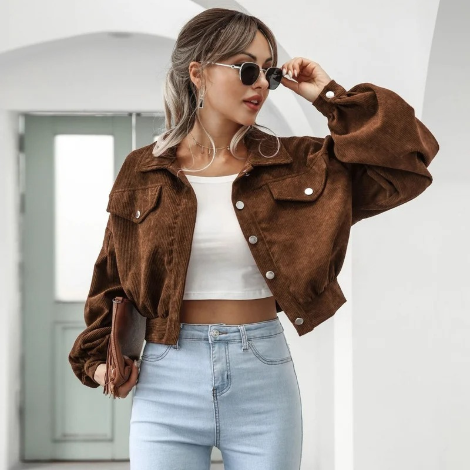 Valenzora | Velvet corduroy lantern sleeve cropped jacket