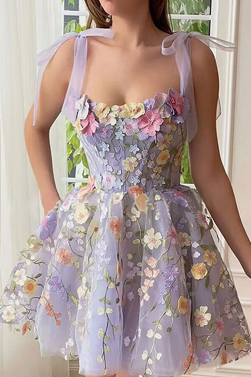 Valenzora | Proof Of Perfection 3D Flower Embroidered Tie-Sash Mini Dress